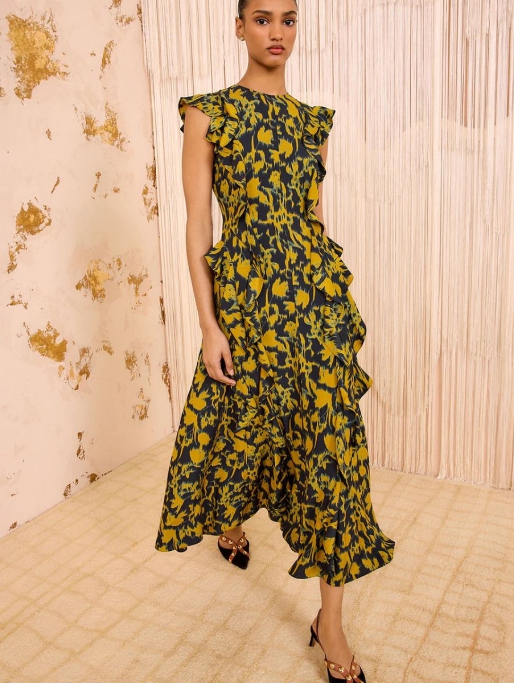 Ulla Johnson Yellow and Navy Floral Midi Dress